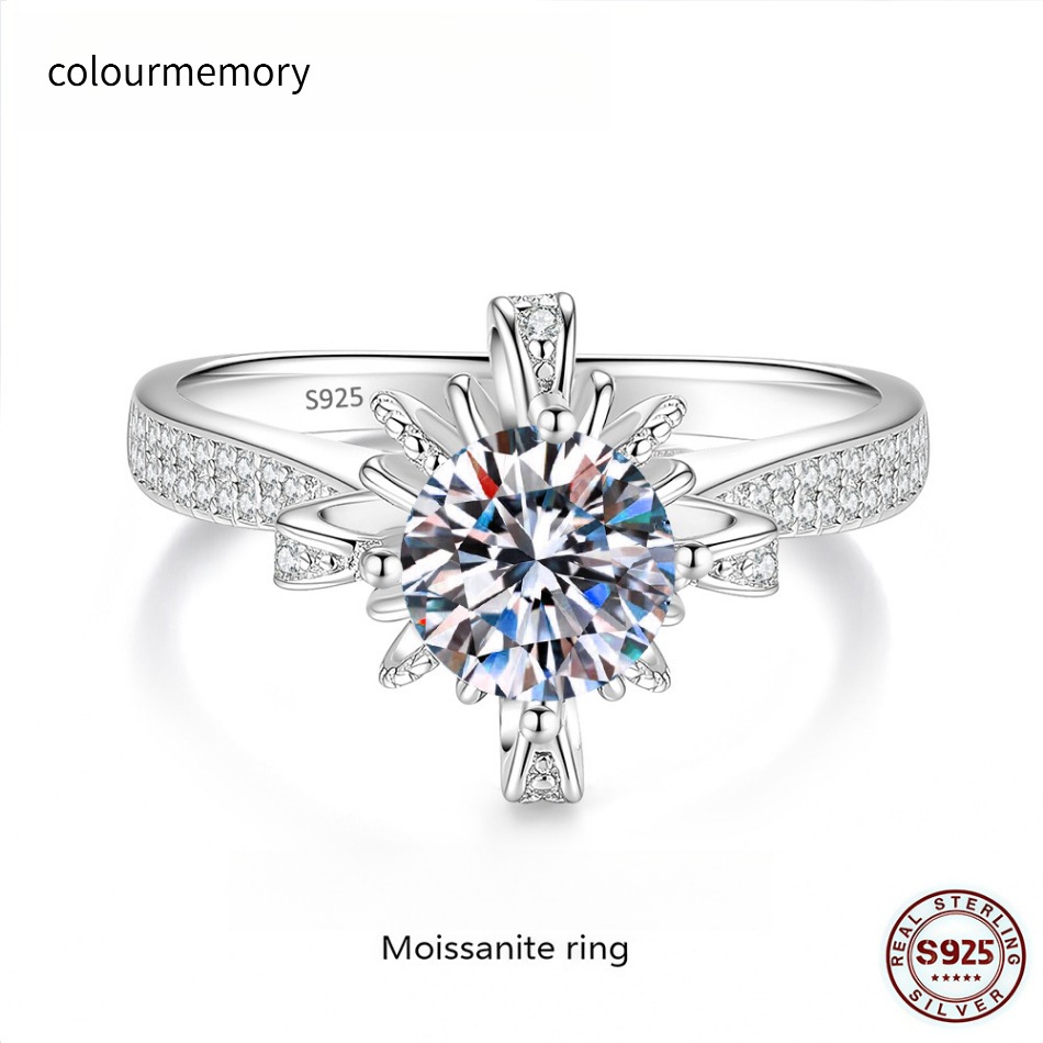 Elegant Snowflake Halo Design Moissanite Engagement Ring - Solid 925 Sterling Silver for Ladies-image-1105469774