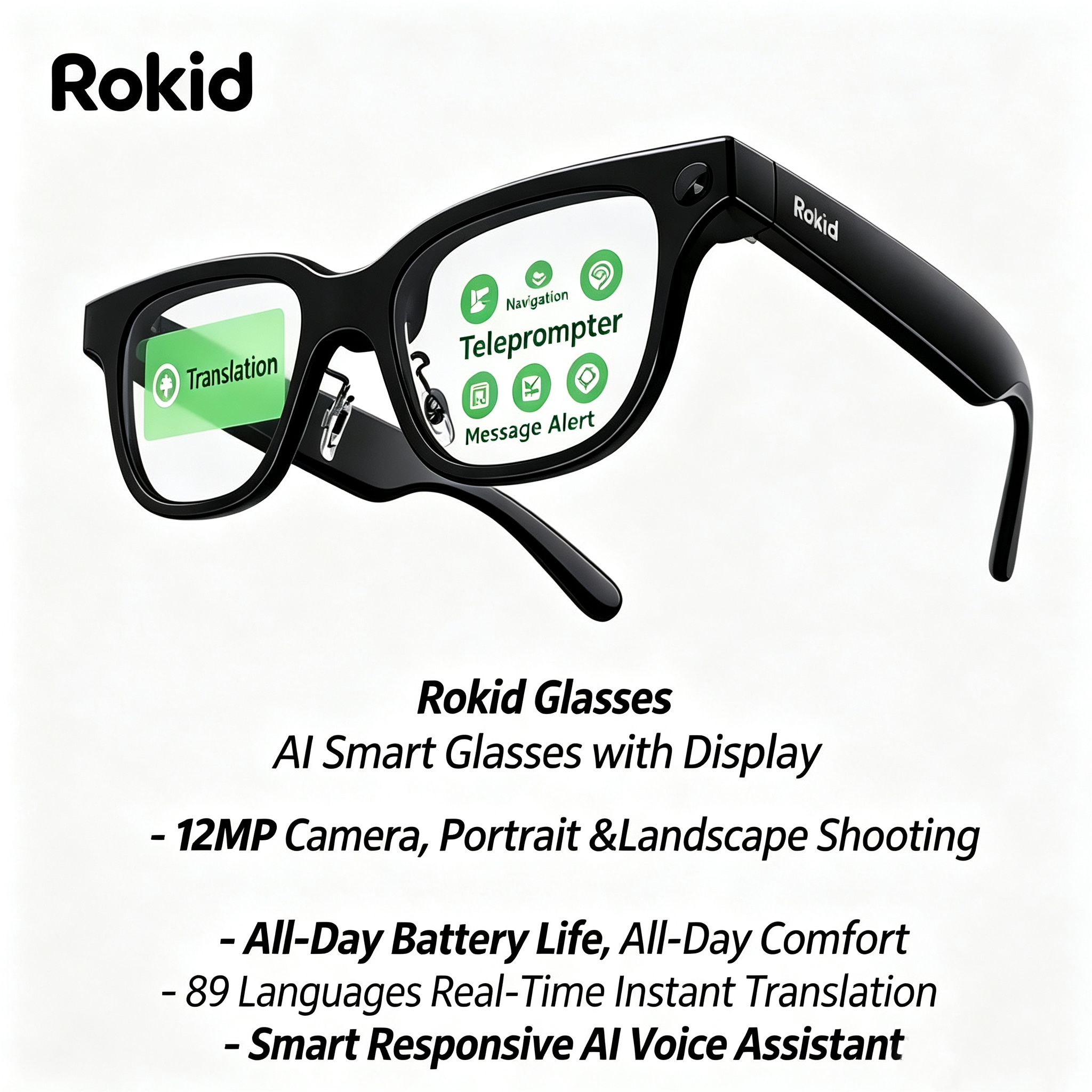 Rokid AI Smart Glasses - Voice Wakeup AI Photo Navigation Object Recognition Real-Time Translation Interactive Q&A HD Camera Voice Recorder Conta-image-1105539059