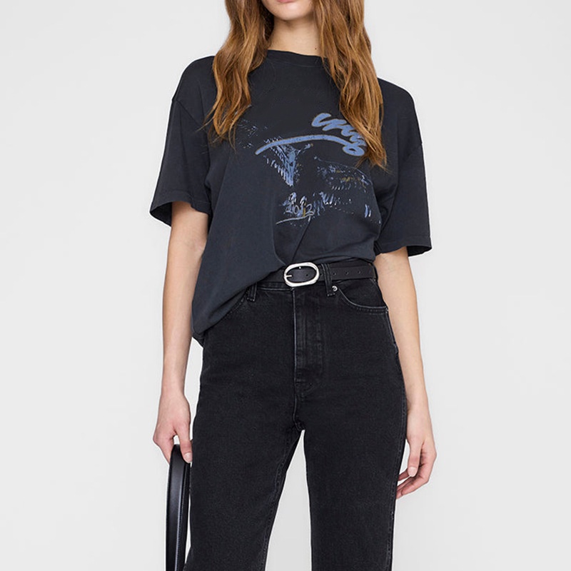 AB Eagle Print Washed T-shirts Cotton Round Neck Black Women Short Sleeve TShirt Comfy Fashion Tee Tops-image-979021959