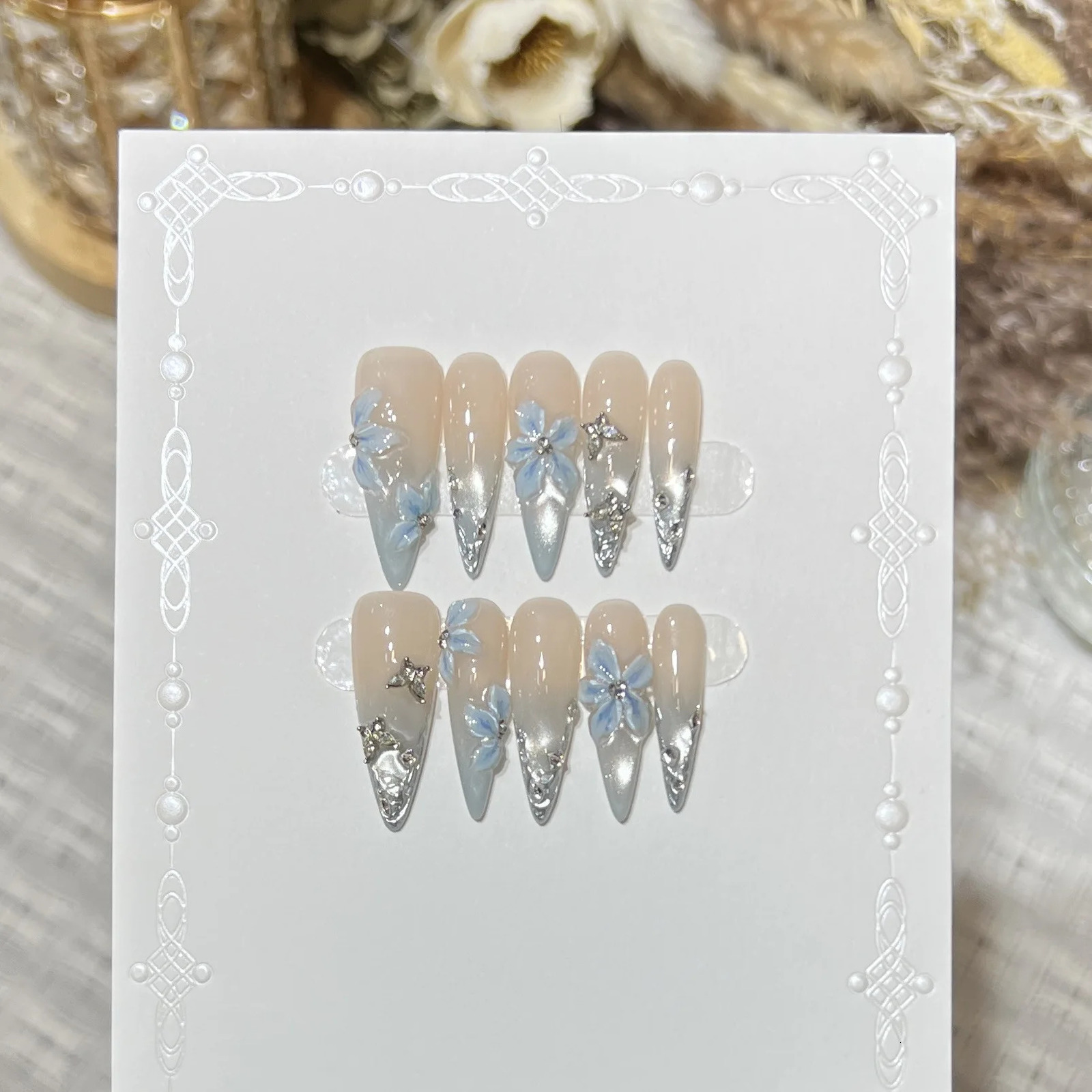 Pink Cat Eye 10pcs False Nails 3D Butterfly Fake Nails Diamond Pearl Press on Nails Gradient French Glue on Nail Almond Nail Art 260511 M260805