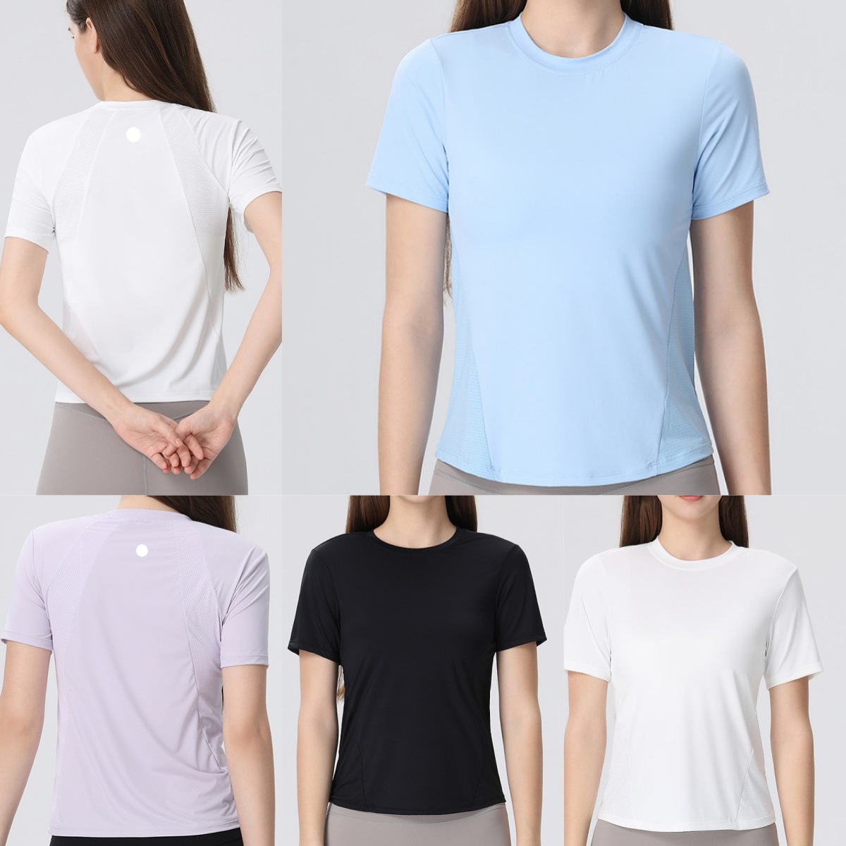 L6081-UU New Women Yoga Shirts Top Neck Short-sleeved T-shirt Round Quick-drying Exercise Slim Running Mesh Stitching Fitness T-Shirts
