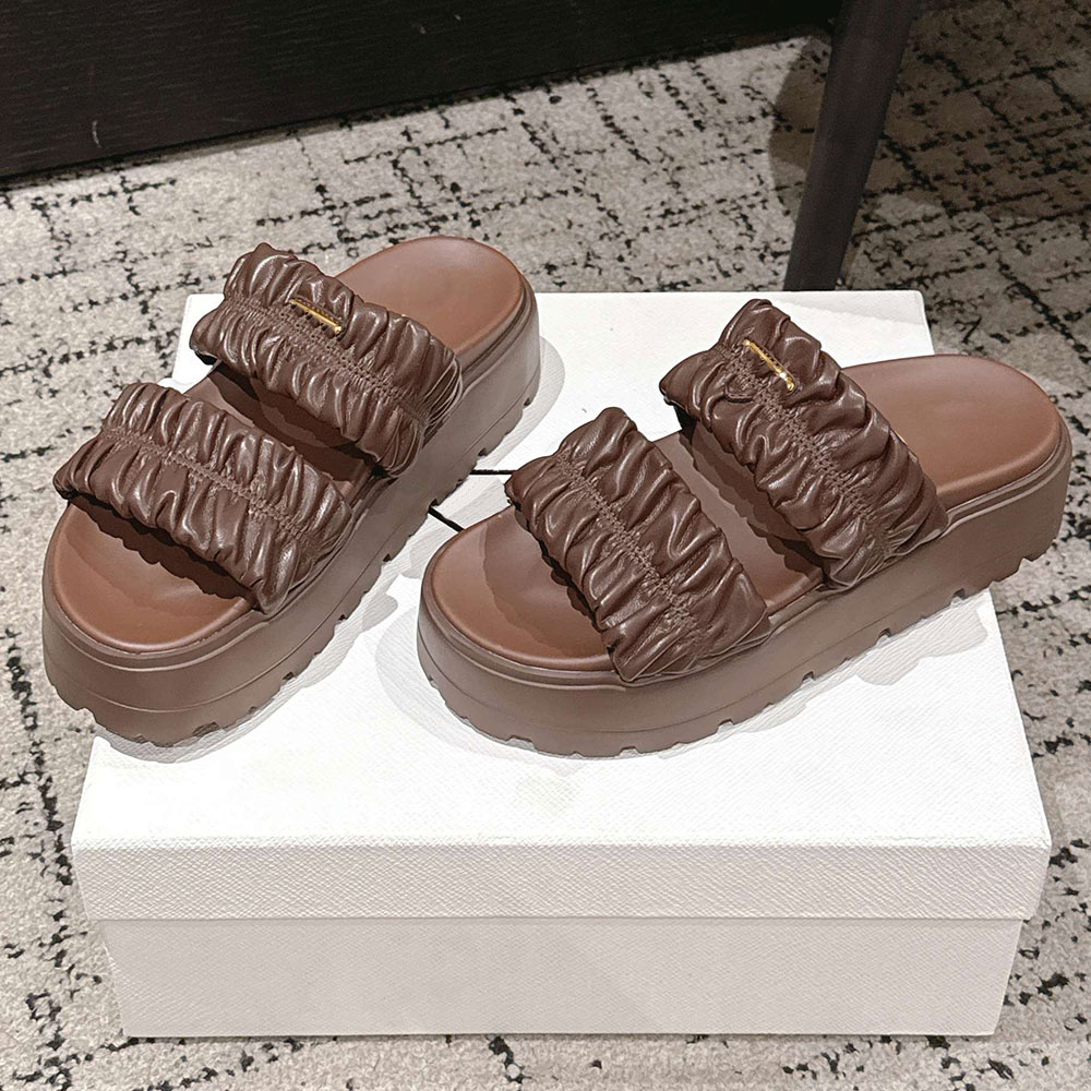 Matelasse nappa leather flatform slides Luxury womens sandals 1XZ795 notched tread Designer Sandals 26ss new spring and summer pleated double belt t
