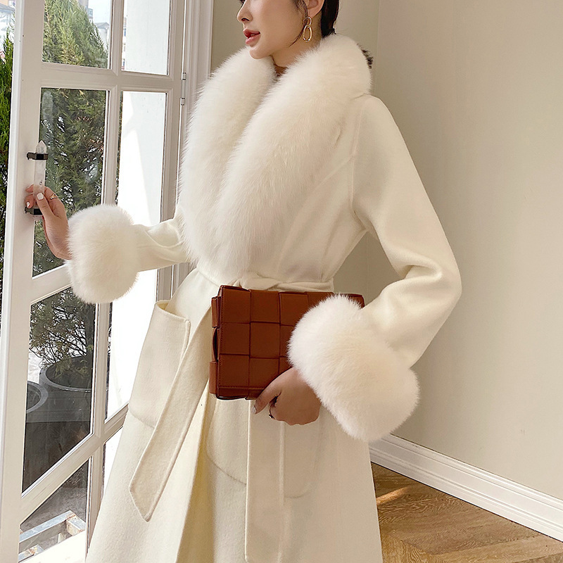 Long Womens Wool and Cashmere Blended Coat Big True Fox Fur Collar Fashionable Winter Jacket Double Chest Jacket Cuffs 241015