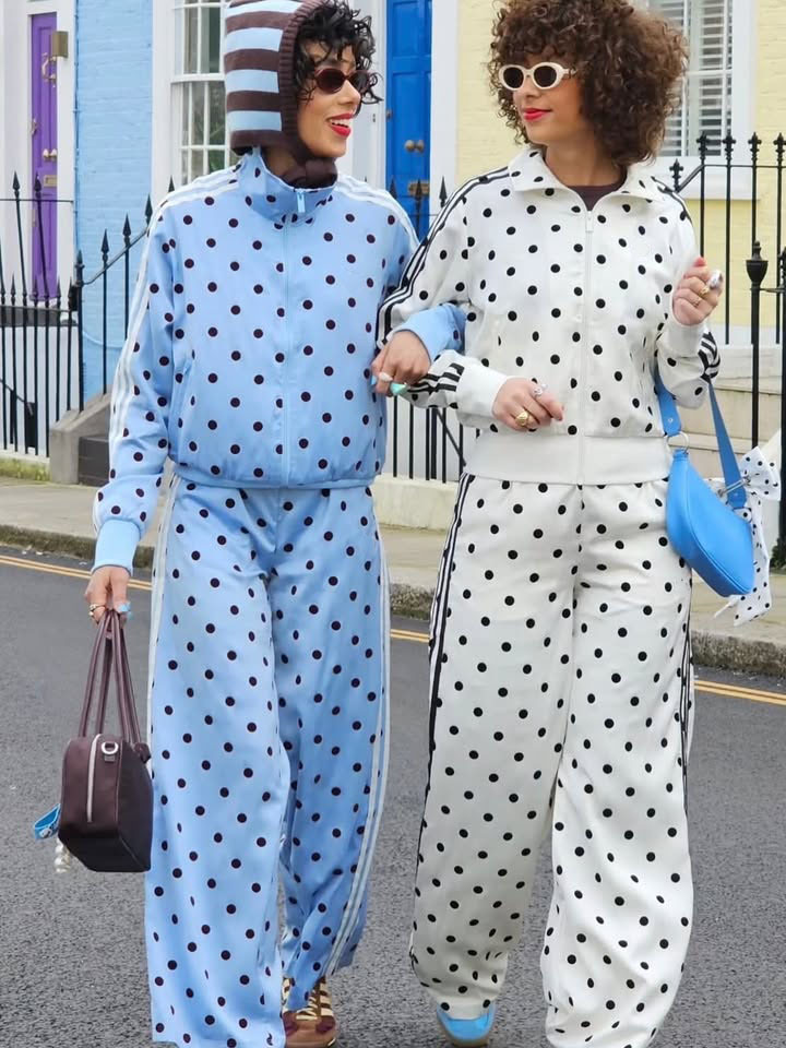 Vintage Stand Collar Jacket with Wide-Leg Sport Pants - Polka Dot Print Two-Piece Set-image-1105503835