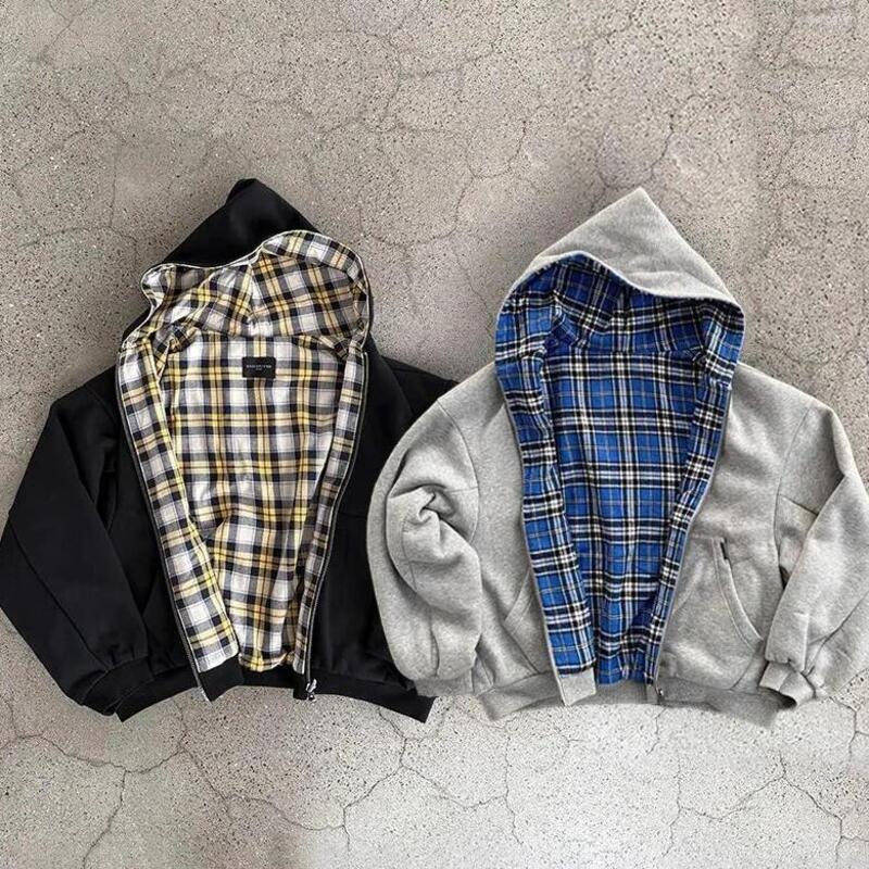 Mens Hoodie Men Sweatshirts Casual Reversible Zip Up Hoodie Simple With Plaid Lining Solid Color Retro Sweatshirt Daily Outfit Soft Streetwear Young