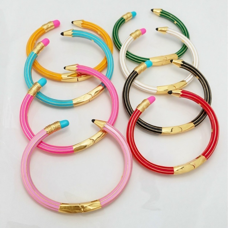 Creative Pencil Eraser Enamel Open Bangle Bracelet 18K Gold Plated Personality Splicing Jewelry for Women Daily Wear Fashion