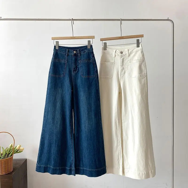 Korean Style White Denim Wide Leg Pants Women Autumn High Waist Fashion Pockets Straight Trousers Casual Loose Denim Pants 260506BJ