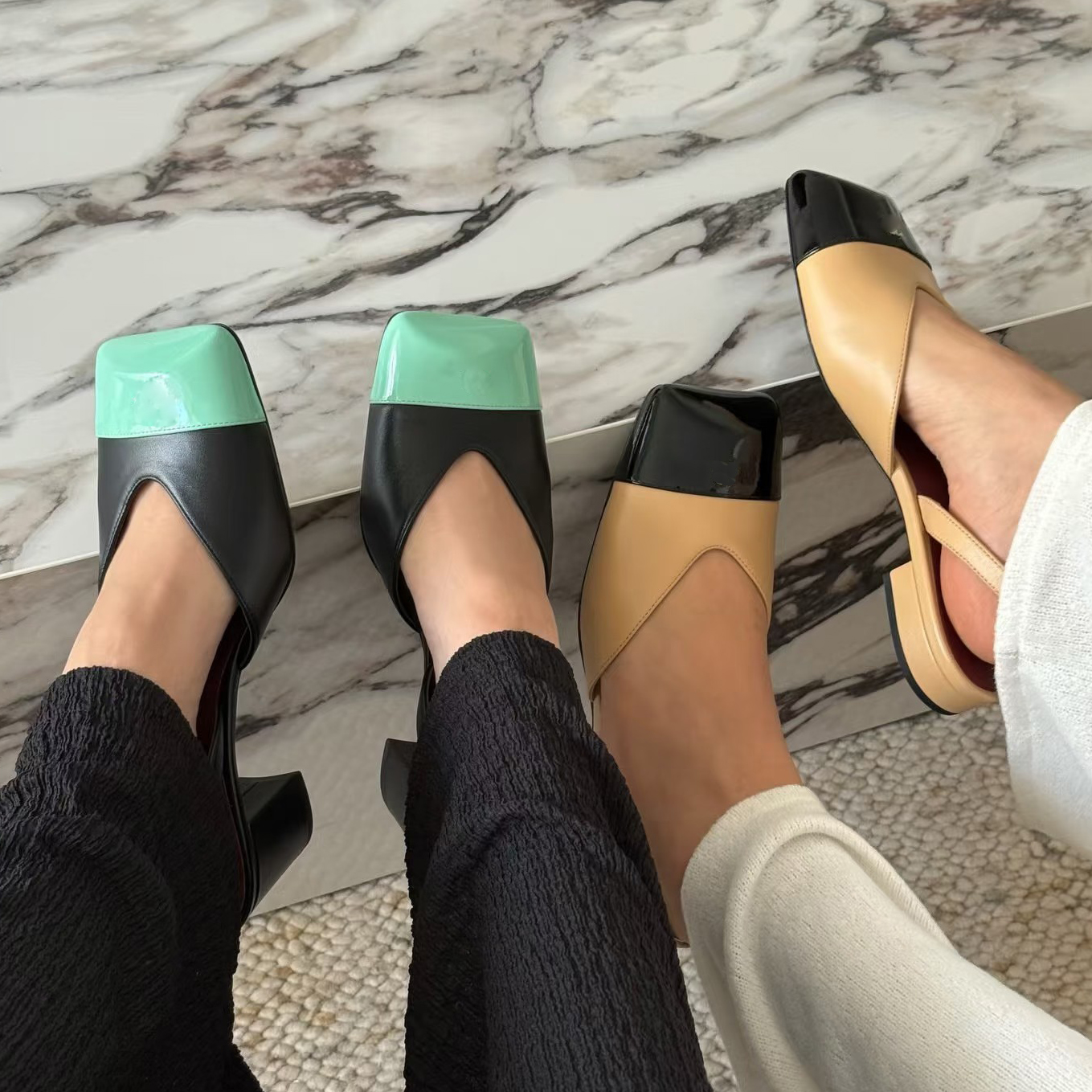 Slingbacks Sandales Chaussures Habillées Femme Mocassins Nouveautés 2026 Bouton Classique Cuir Vernis Patchwork Talon Épais 9CM/7CM/1CM 35-42