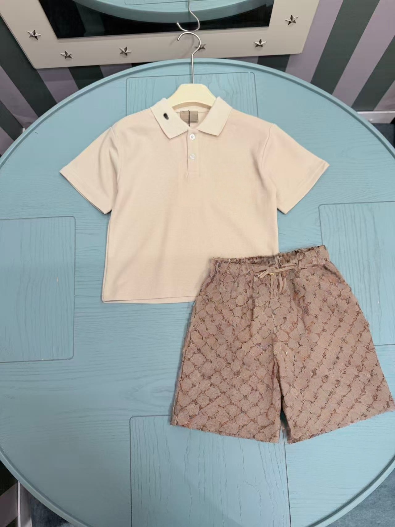 Designer children denim clothing sets boys letter embroidery polo lapel short sleeve shirt with jacquard shorts 2pcs Summer kids casual outfits Z108