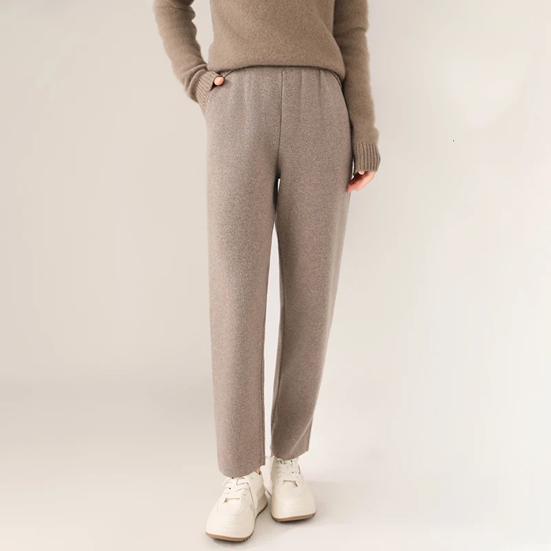 Womens Wool Pencil Pants Autumn Winter Office Lady Style Threaded Elastic Waist Trousers 100 Merino Knitted Thicken 260430