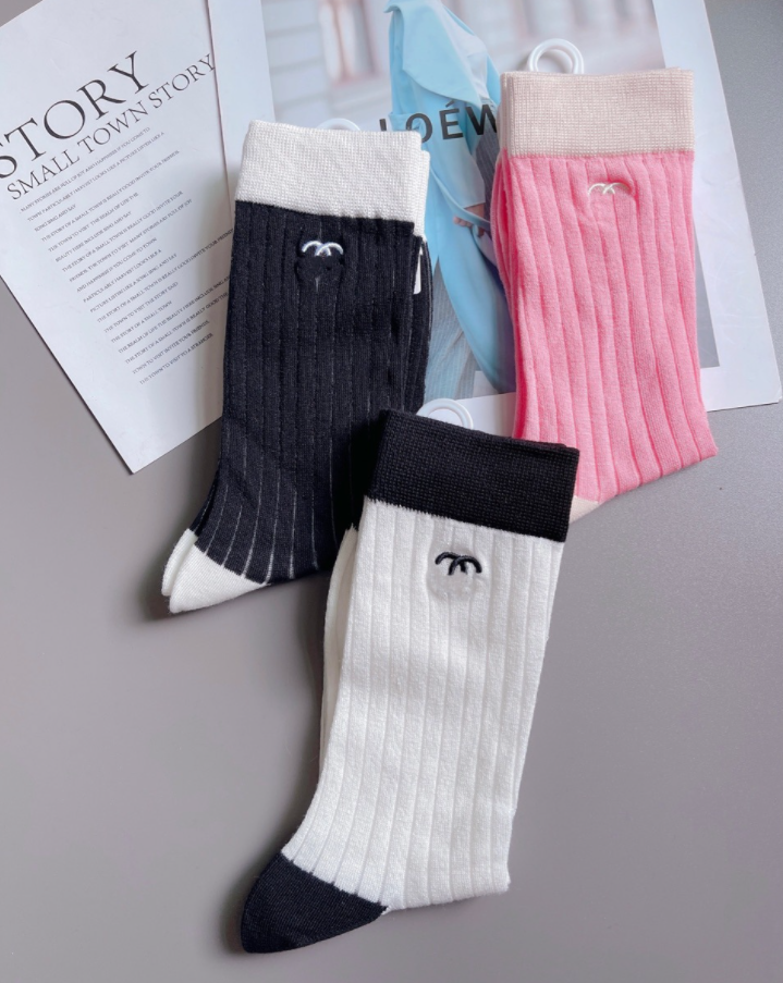 Spring and Summer Thin Cotton Socks Tube Sock Female Trendy Sock Socialite Temperament Contrast Color Ins Trendy Socks Letter C embroidery