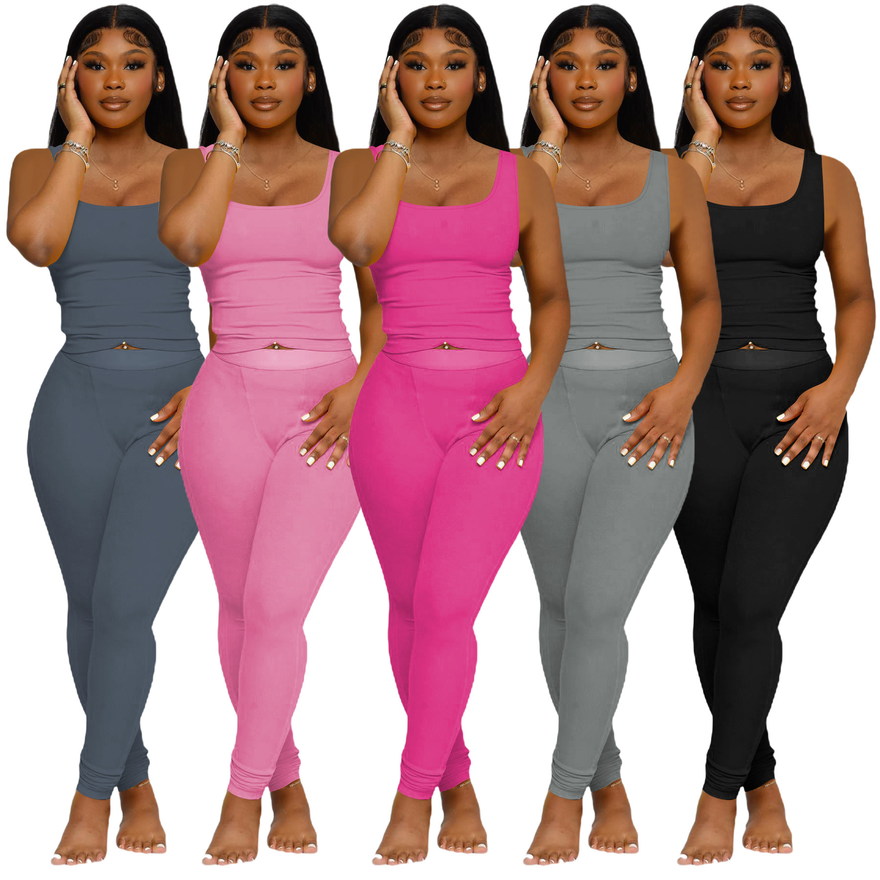 Designer European and American new Amazon model fashionable ribbed solid color tank top two piece set cross border women's clothing f9