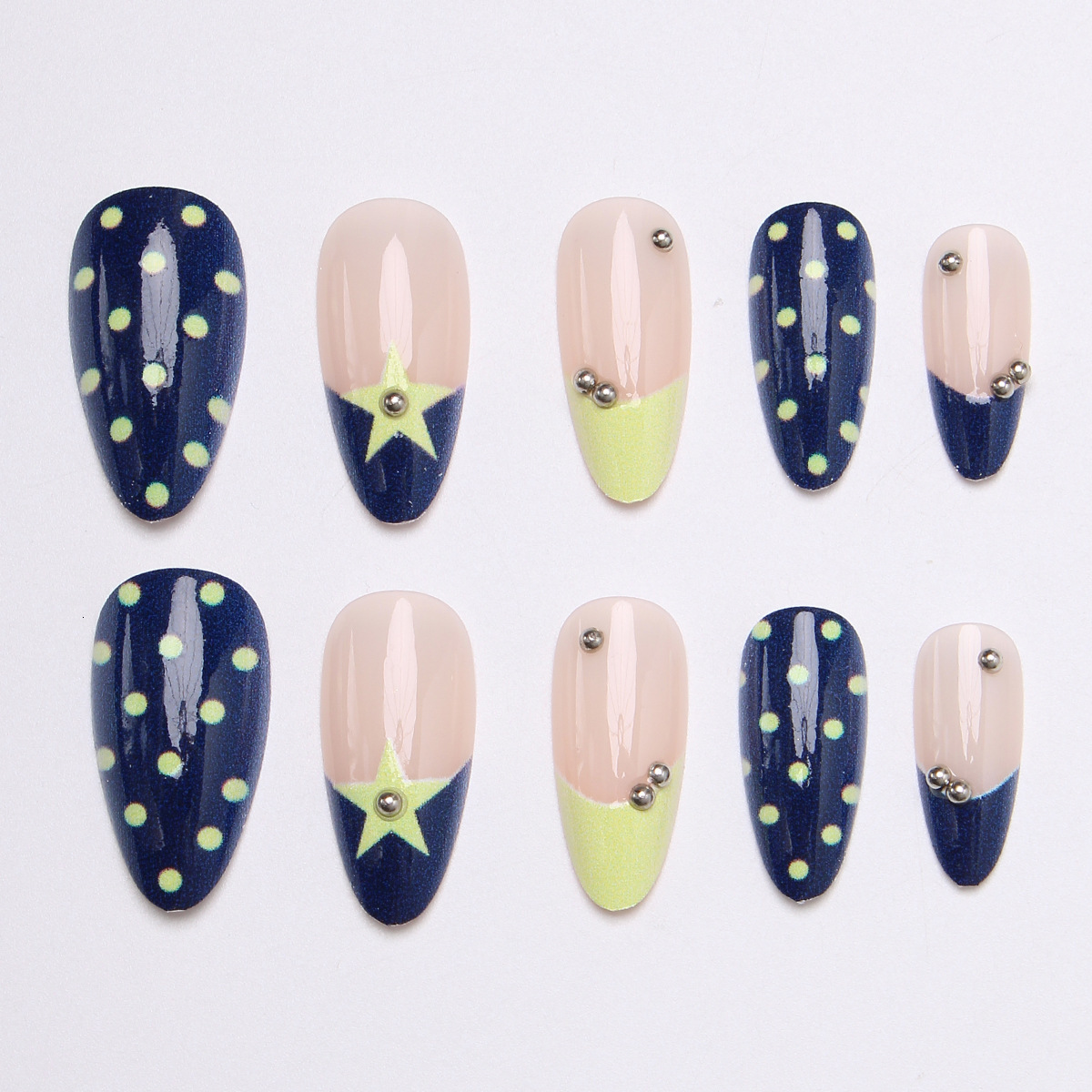 in style press-on nails navy blue yellow with French polka dot and star designs fake nail tips factory 24 pieces M260805