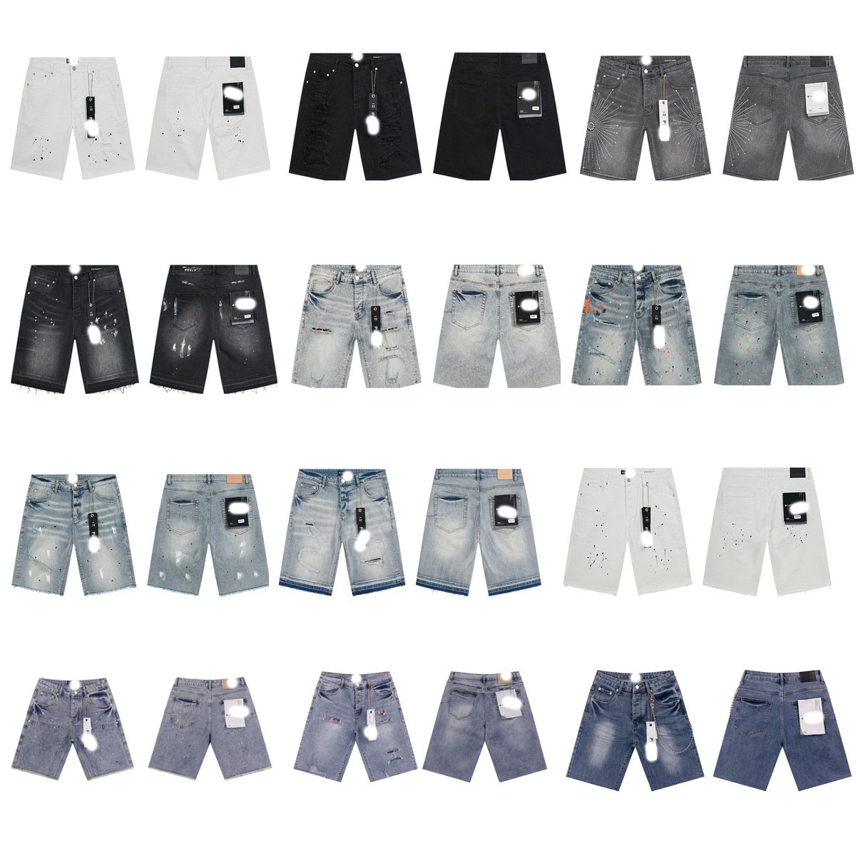 Designer Men's Denim Shorts High Street Distressed Ripped Hem Splash Ink Wash Streetwear Shorts-image-1105483097
