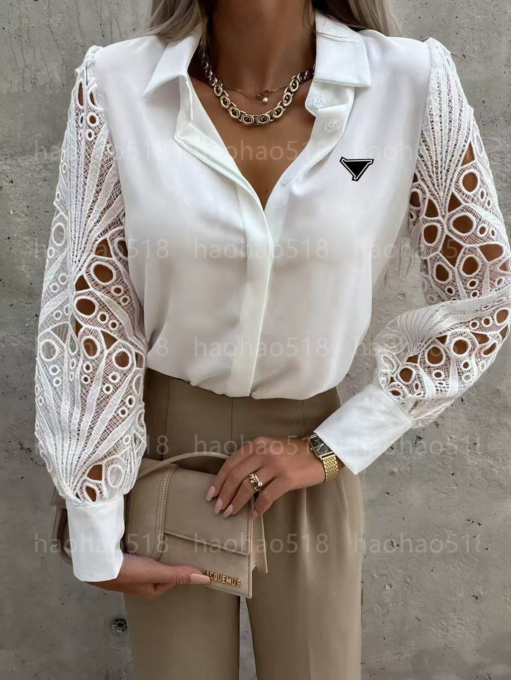 Women's Blouses 2026 Summer Embroidery Lace Sleeve Jacquard Shirts Women Sexy Splicing Tops Pullover Autumn Elegant Office