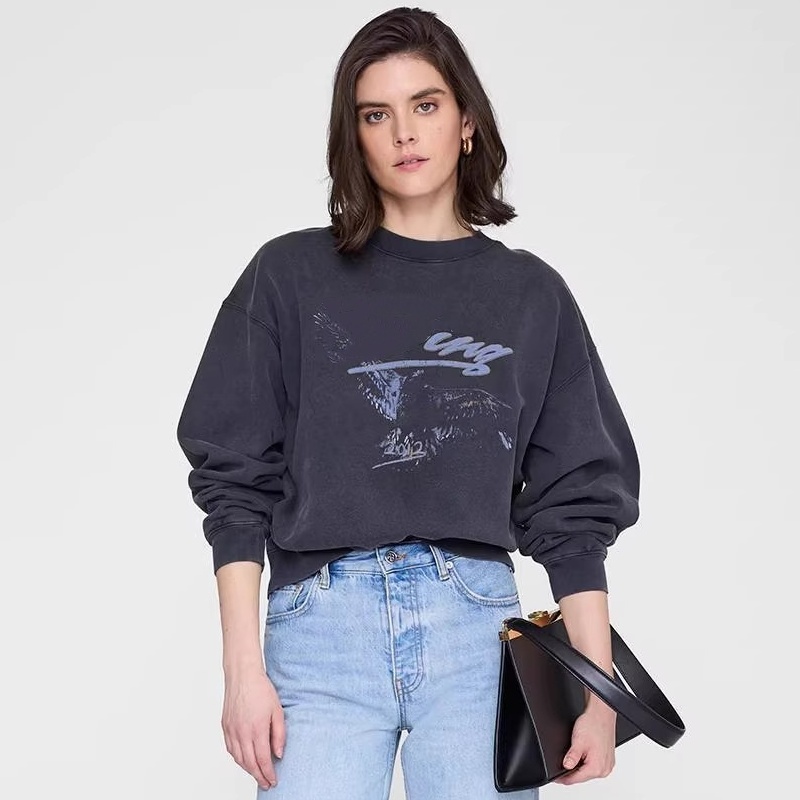 26ss AB Vintage Eagle Print Sweatshirts Overdyed Charcoal Grey Women Sweatshirt Designer Crewneck Comfrt Jumpers-image-919604848