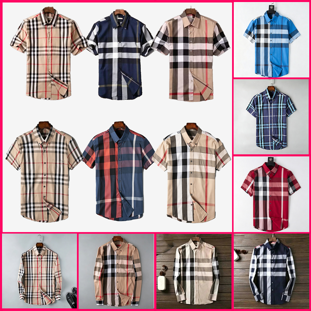 Mens men shirt polo t shirt Dress Slim Fitted Spread Collar Plaid Stripe Long Sleeve shirts Pure Cotton Designer Brand Spring Summer Business