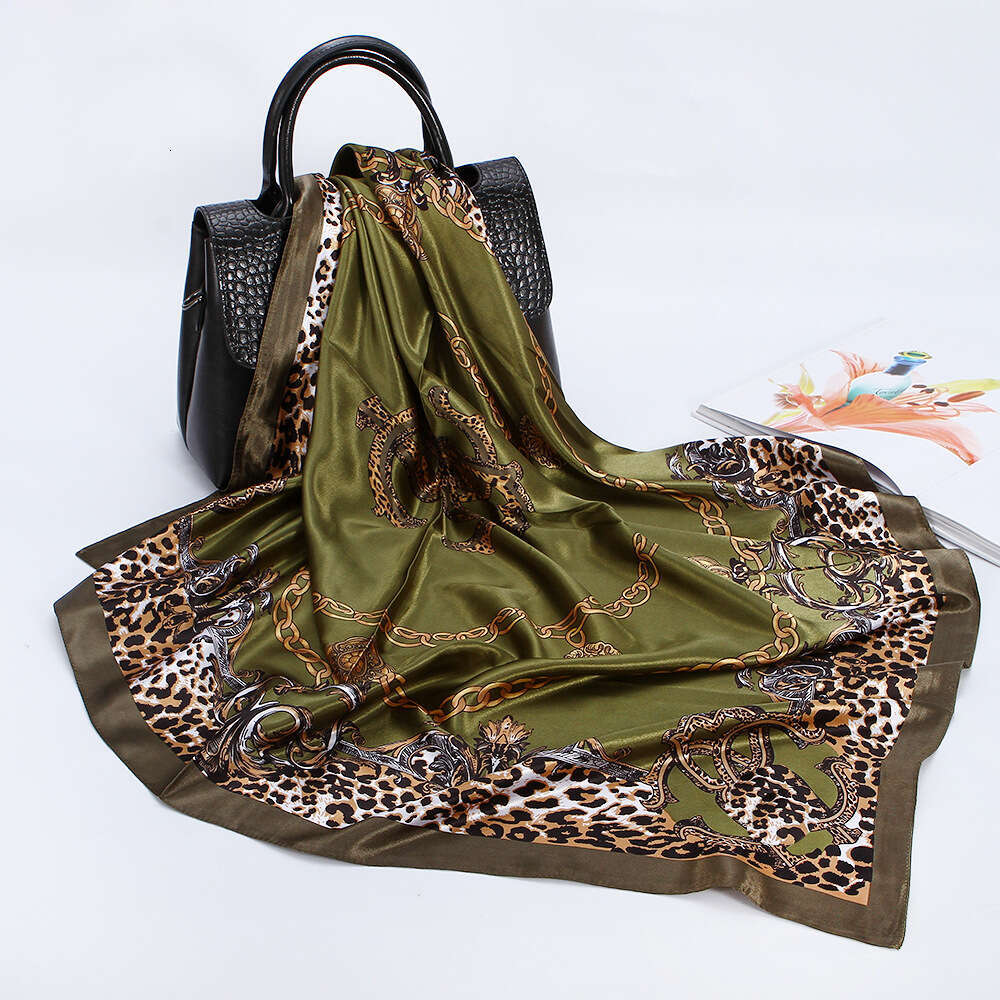 Coffee Color Leopard Print Polka Dot Women's Imitation Silk Satin 90Cm Large Square Scarf European And American Headscarf Wholesale Liuyuemosha