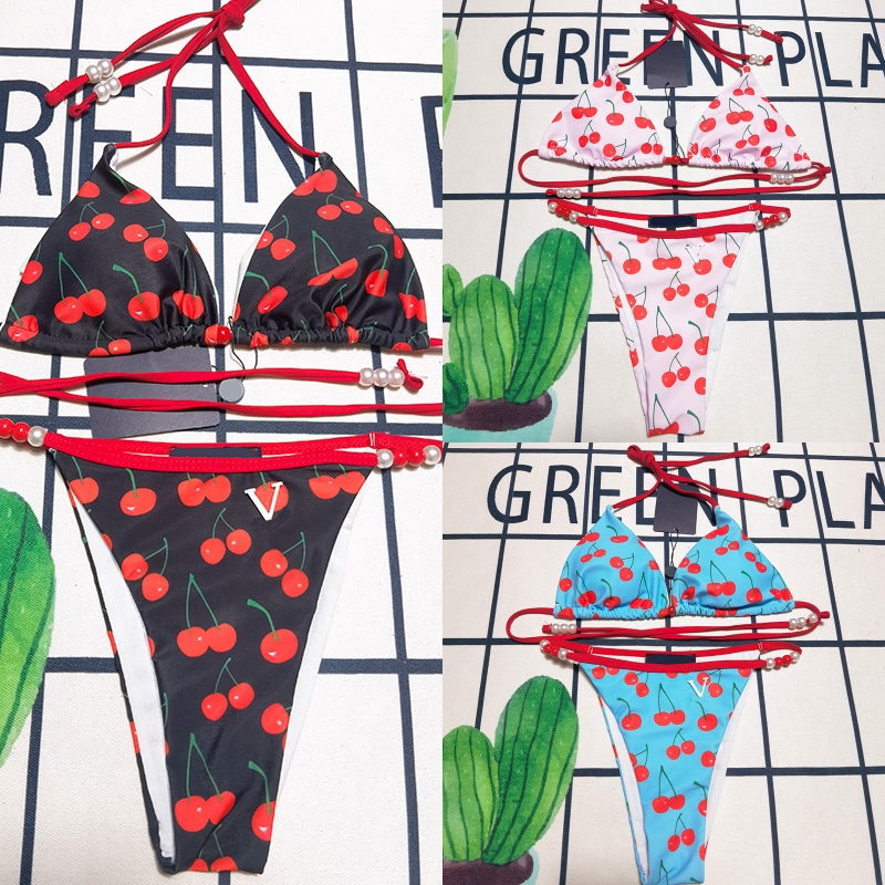 Maillot de bain bikini imprimé cerise de luxe pour femmes, maillot de bain de styliste, sexy, triangle, soutien-gorge push-up, tongs, ensemble va