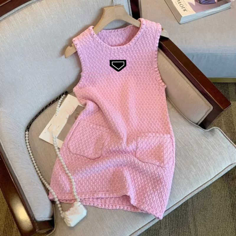 Basic Casual Dresses Designer Women o-neck sleeveless pink color elegant knitted slim waist weave tank dress SML