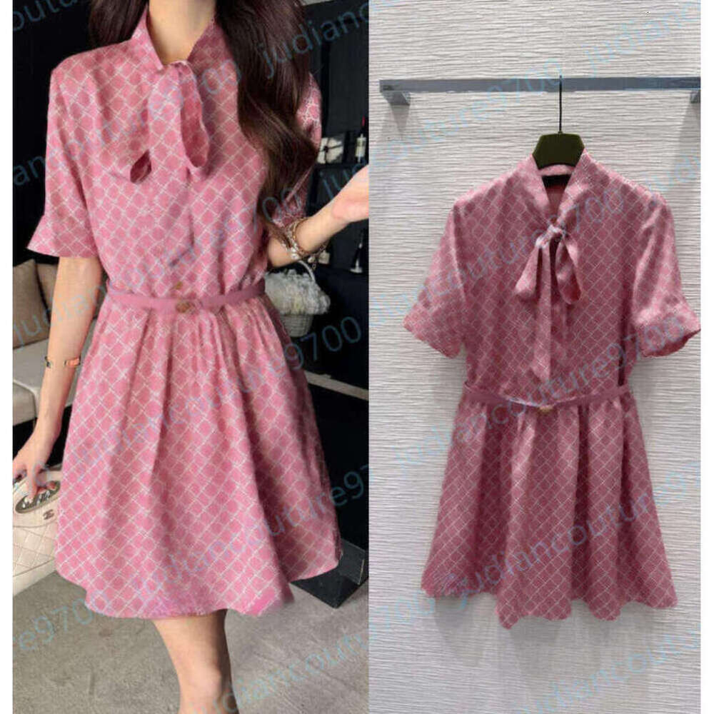 Double G Dresses for woman elegant designer Bow Neck Short Sleeve With Belt Waist-cinching Retro Full print Brand logo Fashion High quality Party wo