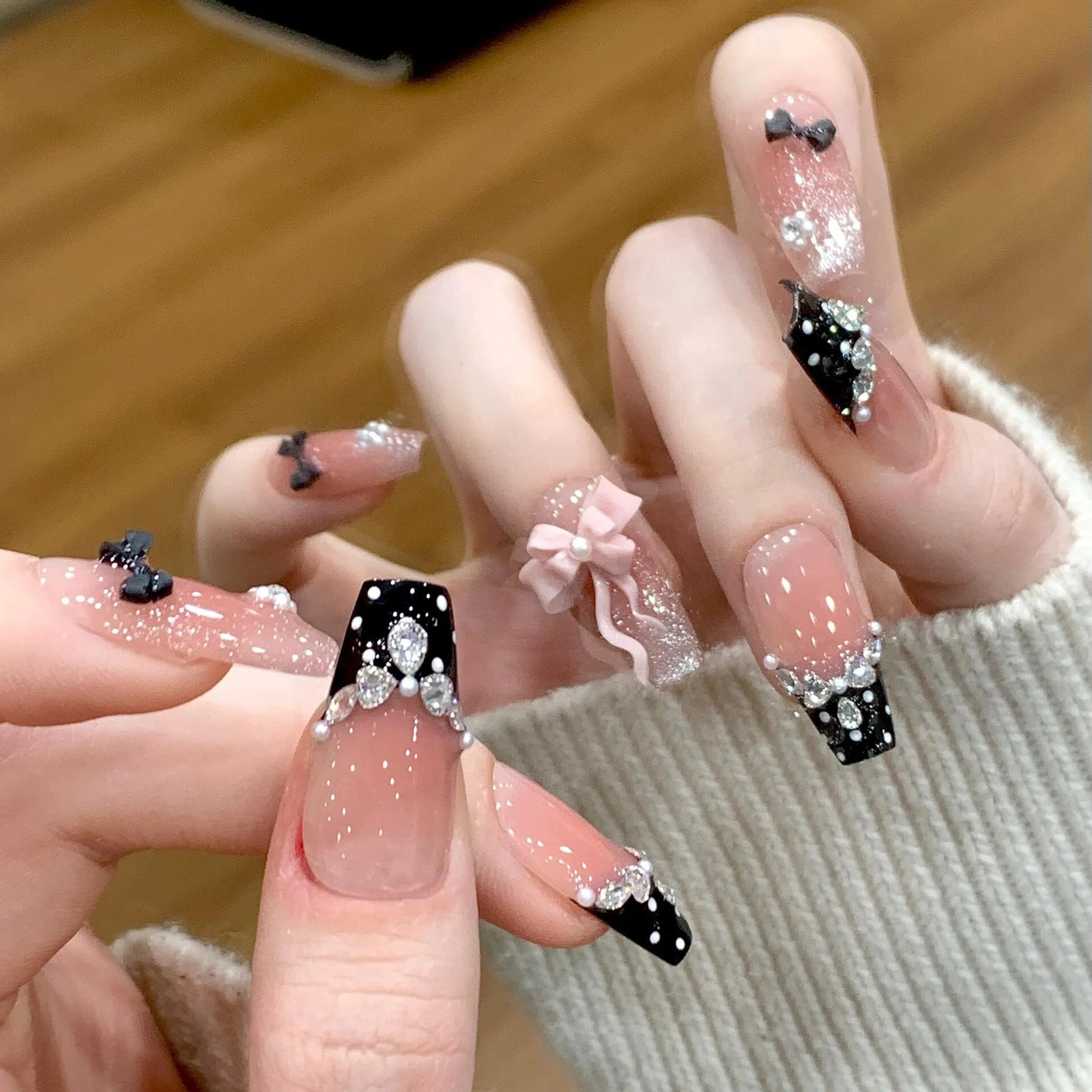 Pink Coffin Handmade 10Pcs Press On Nails Moon Stars False Nails Sweet Bow Diamond n Full Cover Ballet Fake Nails Press On 260511 M260805
