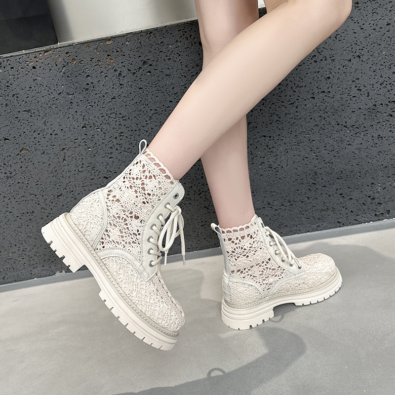 2026fashion Designer shoes thick soled lace woven Martin boots women s new summer mesh perforated breathable short boots fashionable and versatile c