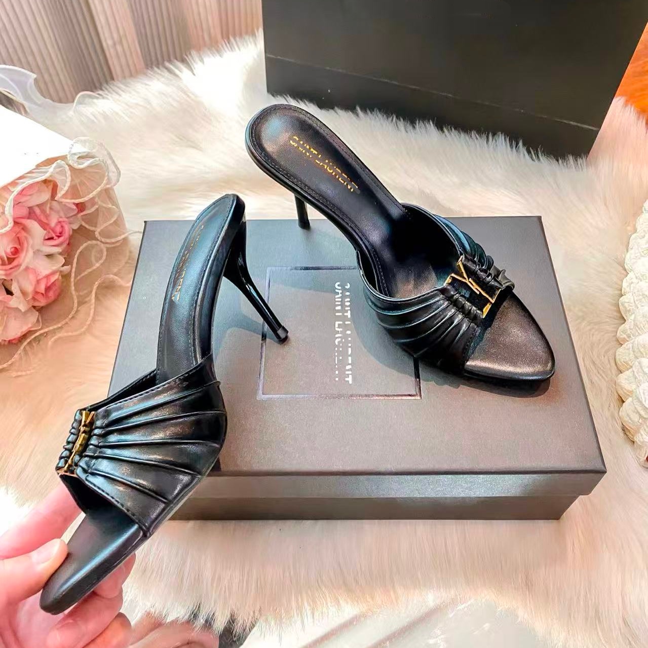 2026 Designer Collection Luxury Women's High Heel Slippers - Metal logo pointed thin high heel High-Quality Fashion - Suitable for Parties,Wome
