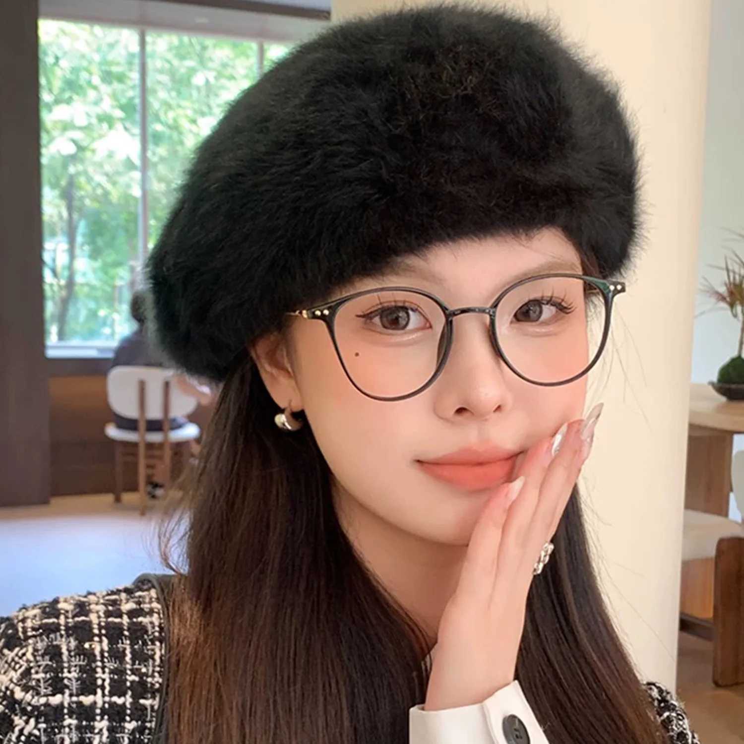 Fur Sweet Faux Beret Rabbit Hat Women Autumn Winter Thicken Keep Warm Furry Flush Artist Flat Cap Solid Color Painter Hats L260512 M260804
