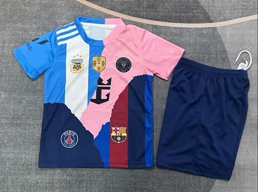 Camiseta exclusiva de Messi con logotipos de equipos: Miami, Argentina, Barcelona, París, NIÑO