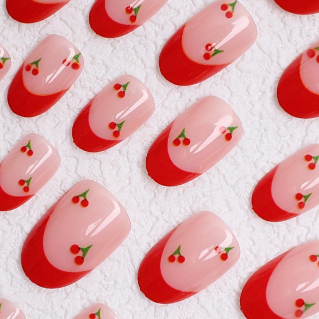 Style Red Cherry French Press-On Hand-Painted Heart Sweet Almond Commuting Brightening Fake Nails Hot Selling in Europe and America M260805