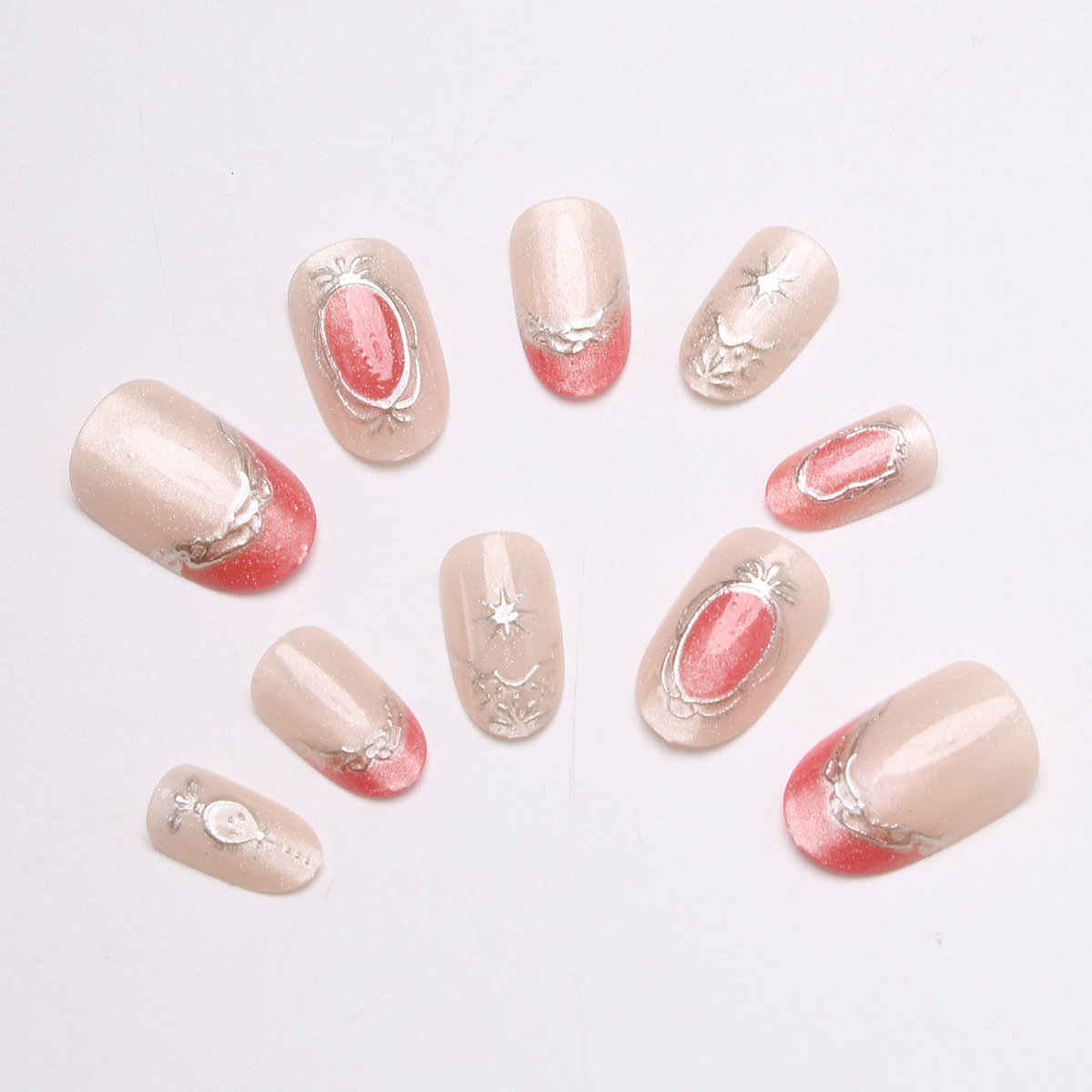 for Handmade Wearable Nails New Year Manicure Gold-plated French Style with Rhinestones Cat Eye Short Oval Detachable M260805