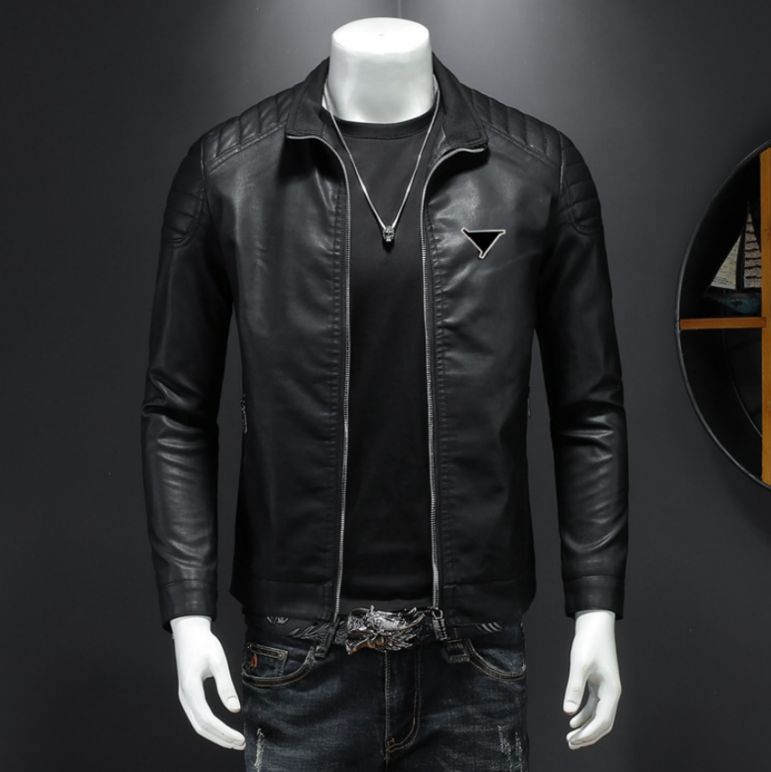 2026 New Luxury Spring New Stand up Collar Leather Coat Men's Trendy Jacket Coat Embroidered Triangle Brand Logo Leather Jacket Slim Fit Design