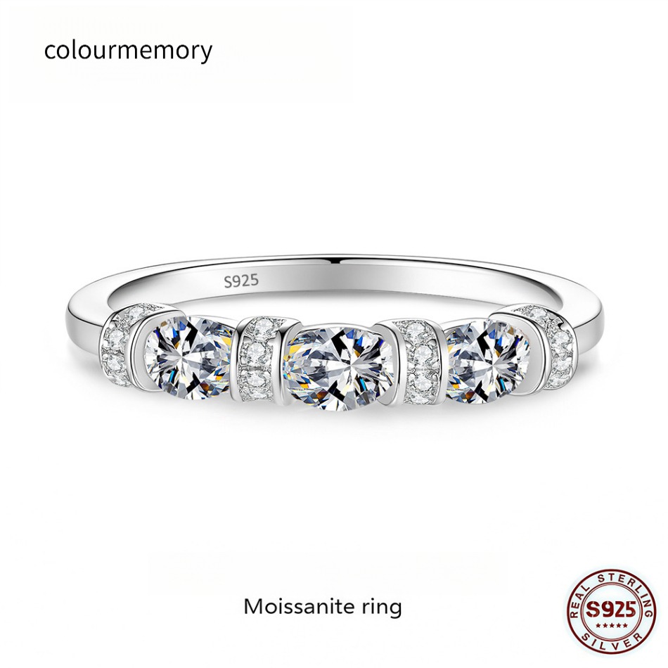 Three Stone Moissanite Ring 925 Sterling Silver Half Eternity Pave Band-image-1105638335