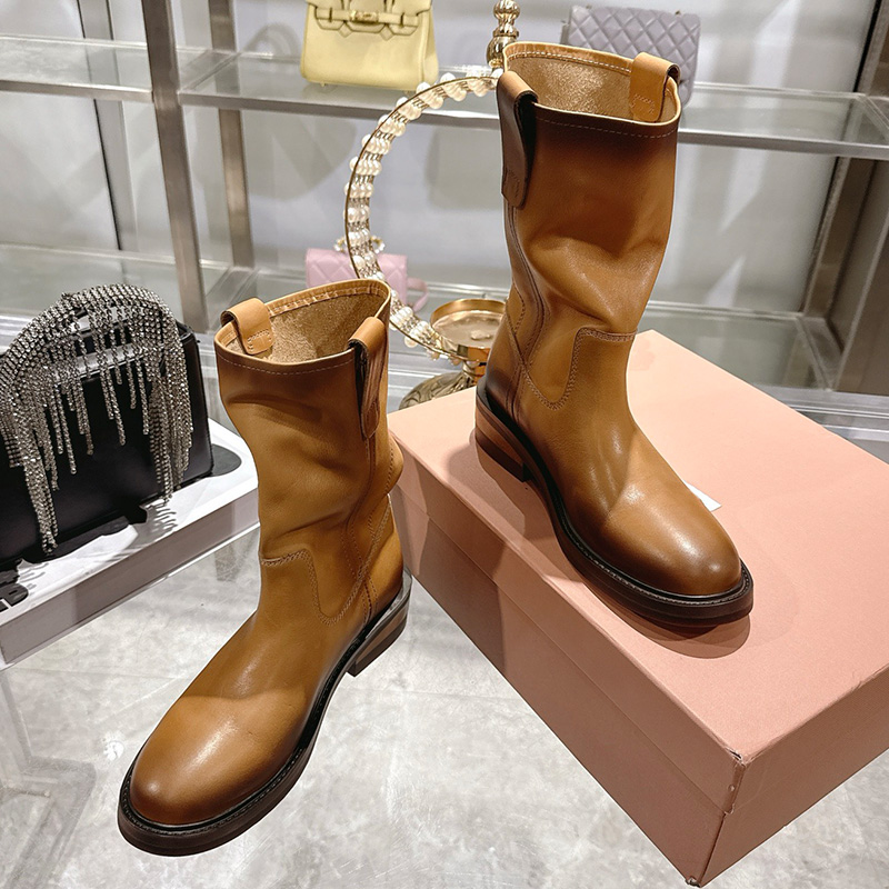 Botines de cuero para mujer Bota de pasarela para mujer 5U680E Diseñador con orejeras dobles Botines de cuero de becerro de colores Suela de cuero g