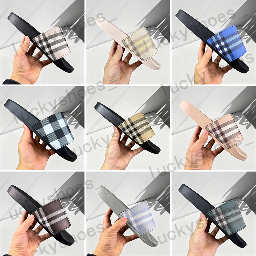 Designer Sandals Vintage Tartan Slides Luxury Beige Plaid Print Embossed Slippers Unisex Summer Beach Pool Sliders For Men Women Size 35-46