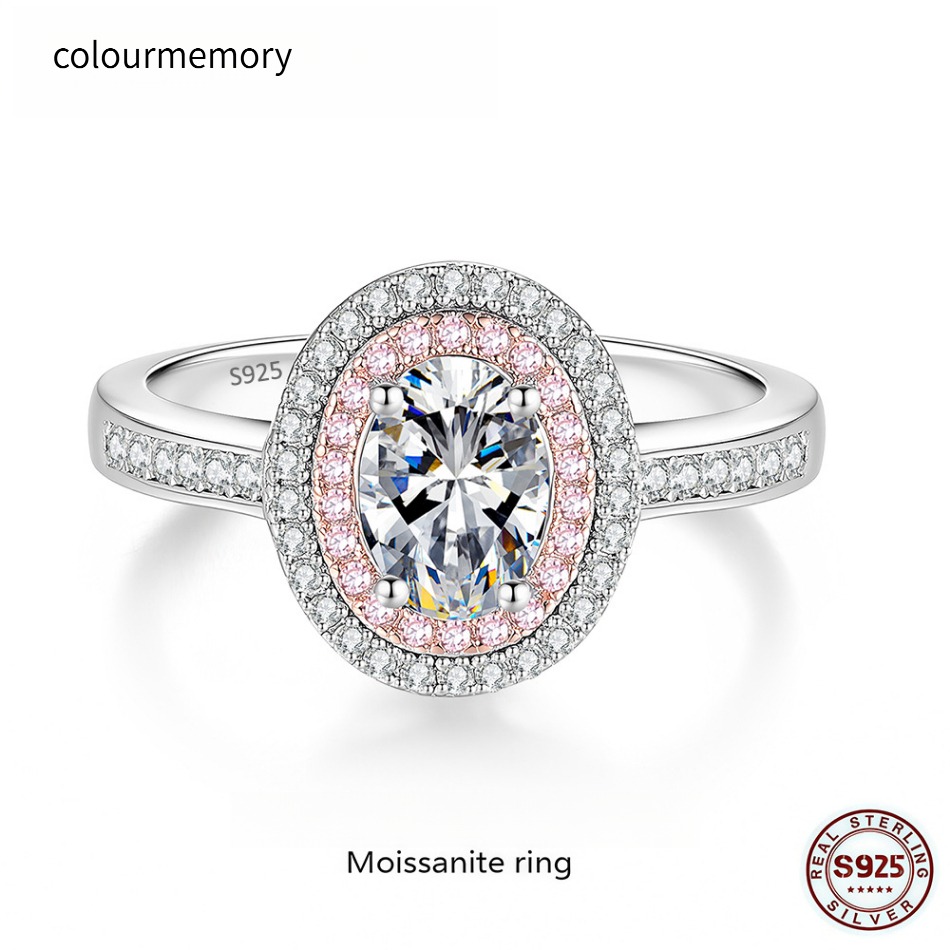 S925 Silver Oval Cut Dual Halo Moissanite Ring, Pink & White Pave Engagement Promise Ring for Women, D Color VVS1 Moissanite Wedding Band-image-1105851612