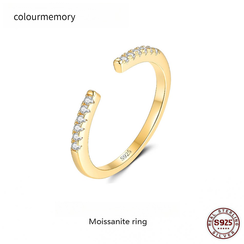 S925 Silver Gold Plated Open Cuff Ring, Minimalist Pave Moissanite Stackable Ring, Adjustable Promise Ring for Women-image-1105800172
