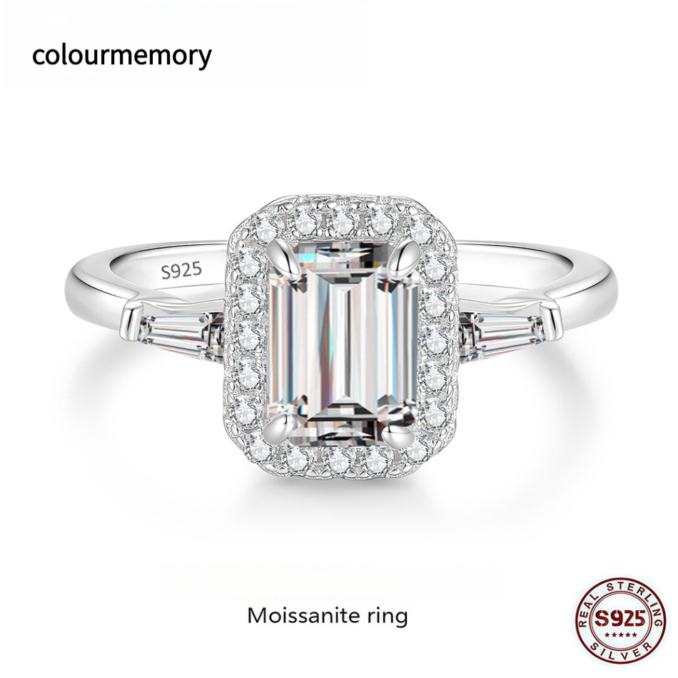 S925 Sterling Silver 1CT D Color Emerald Cut Moissanite Ring, Halo & Baguette Setting, Adjustable Open Band, Women Jewelry With GRA Certificate-image-1105812783
