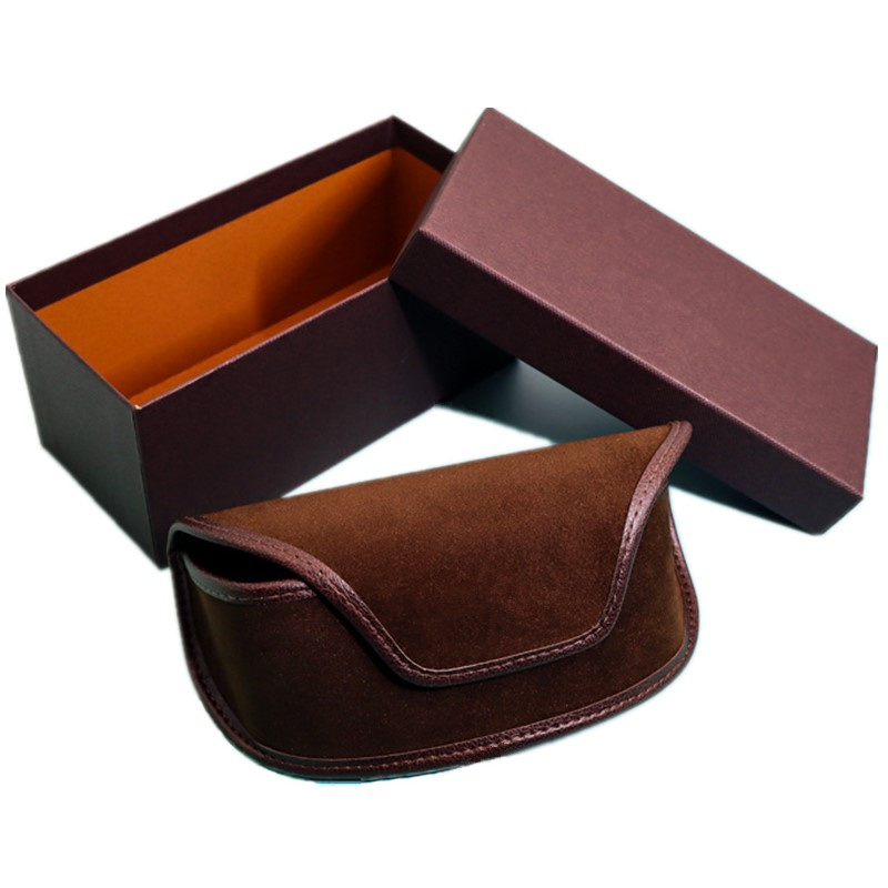 New Premium Brown Suede Sunglasses Case Leather Trim Soft Lining Protective Eyeglass Pouch for Men Women Luxury Glasses Case Gift Box Cleaning Cloth