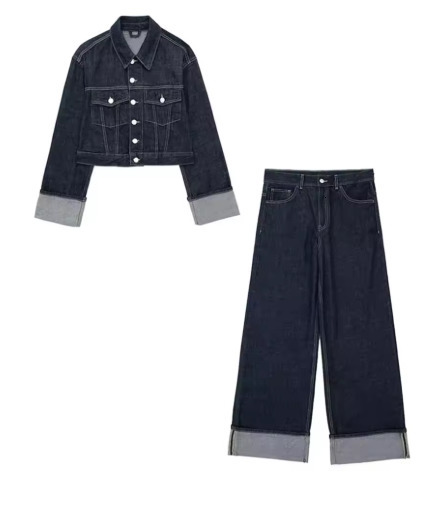 Street Loose Jeans Suits Women Solid Lapel Full Sleeve Pockets Top High Waist Wide Leg Pants Spring Chic Casual Lady Sets 250804