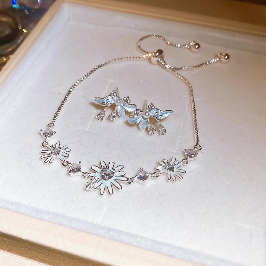 Cool elegant zircon oil-drip flower bracelet and earring jewelry set, light luxury, high-end, sweet style, exquisite accessories for women-image-1105778299