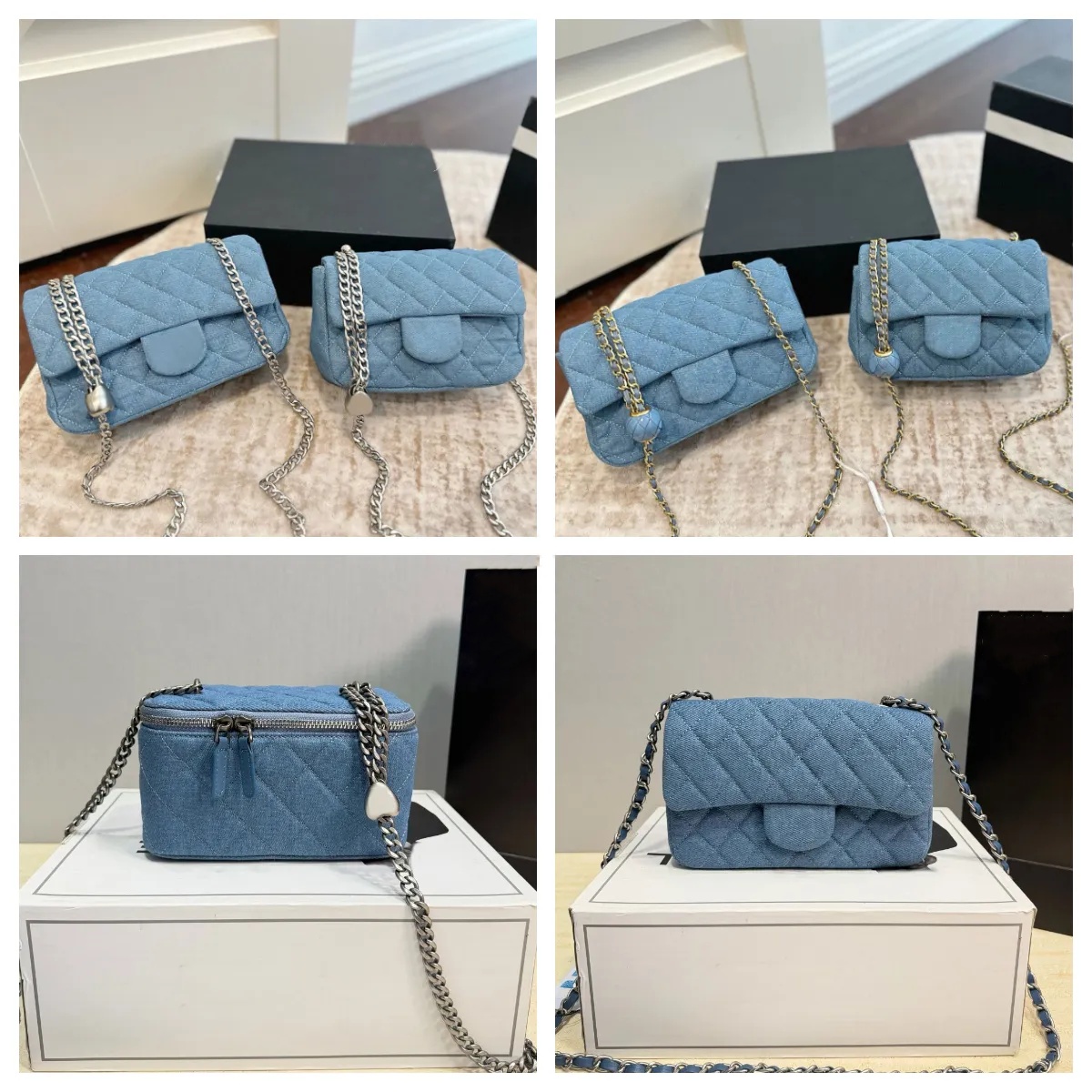 Designer Blue Denim Bags Mini Box Denim Crossbody Bags Quilted Denim Flap Bags Washed Denim Wallets Makeup Bag Luxury Women's Designer Shoulder