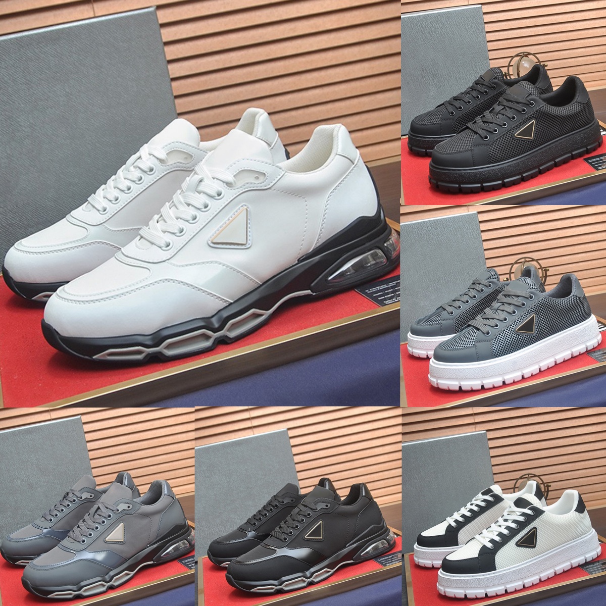 Top Quality Designer Platform Sneakers Men Classic Genuine Leather Running Breathable Mesh Triangle Logo Trainers Air Cushion Fashion Casual Shoes