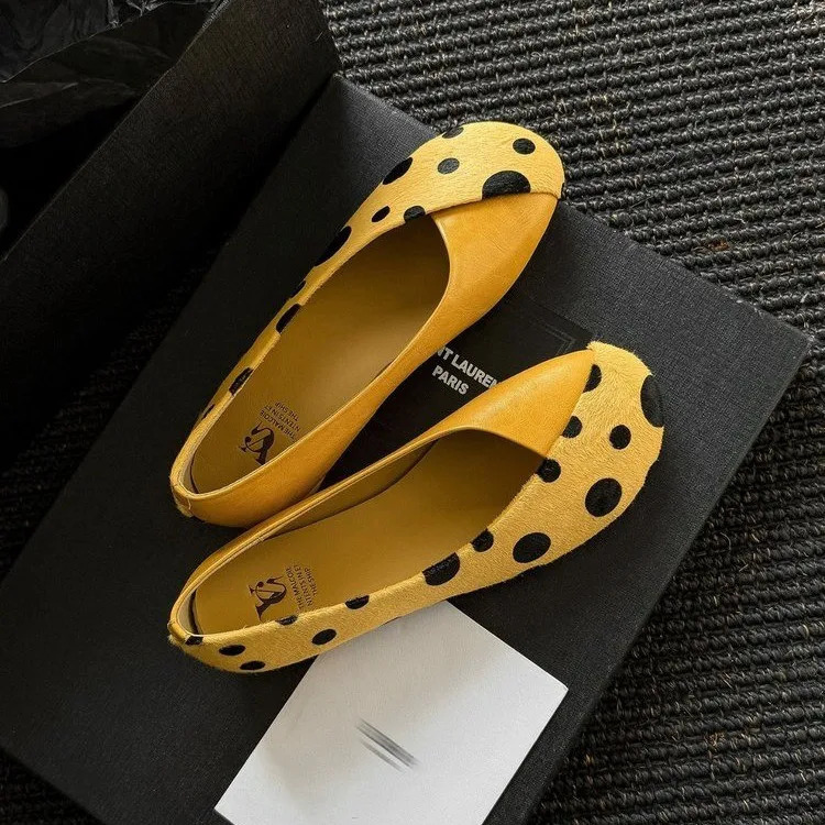 Genuine Leather Sweet Style Yellow Polka Dot Shallow Single Shoes for Women Niche Versatile Shoes Slip-on Small Leather Shoes 260513
