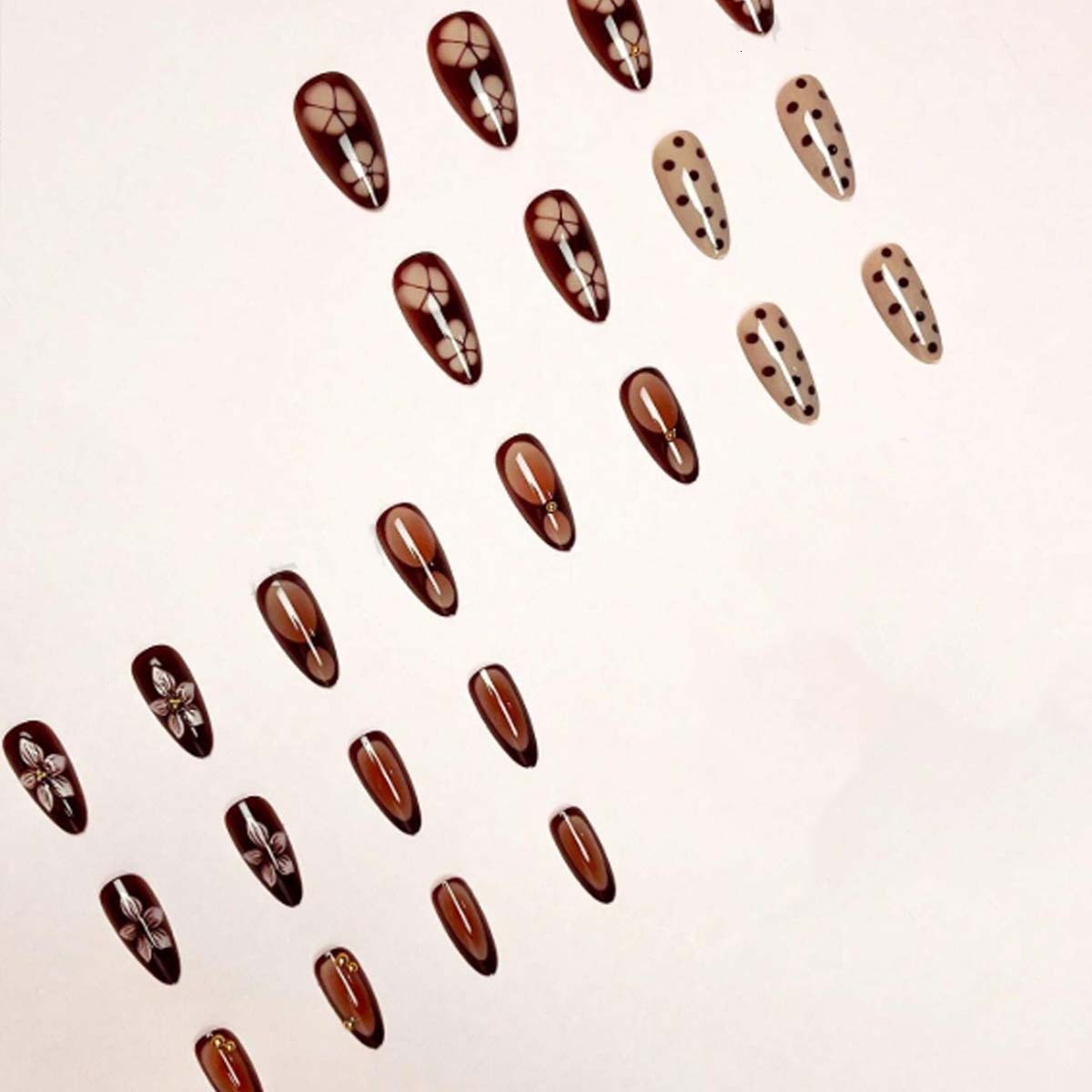 French-style brown Maillard retro press-on with three-dimensional floral polka dots long almond-shaped handmade finished fake nails M260805