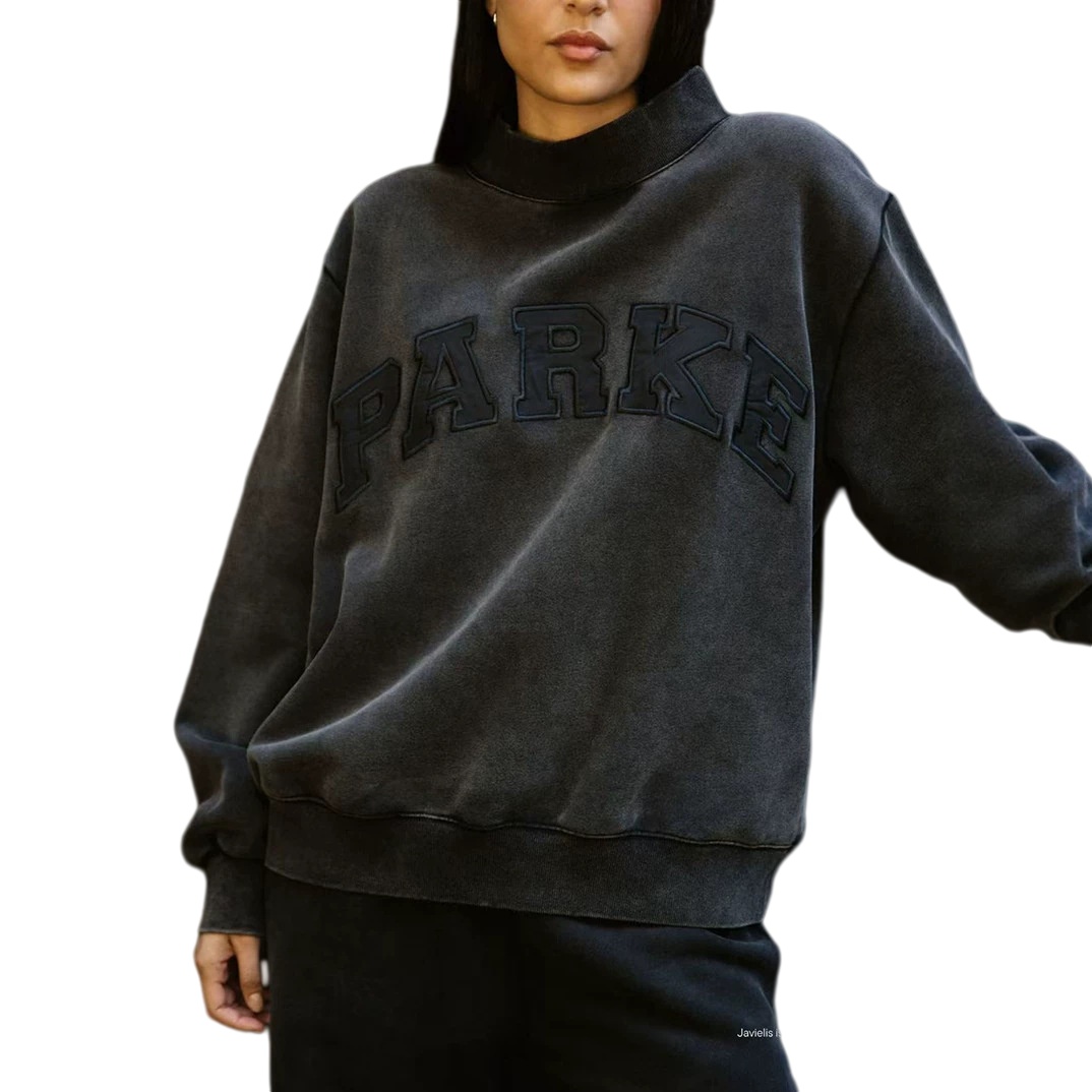 Parke Nouveau Lettre Patch Broderie Sweatshirts Lavé Surteint Vintage Gris Charbon Col Montant Femmes Designer Sweat-shirt