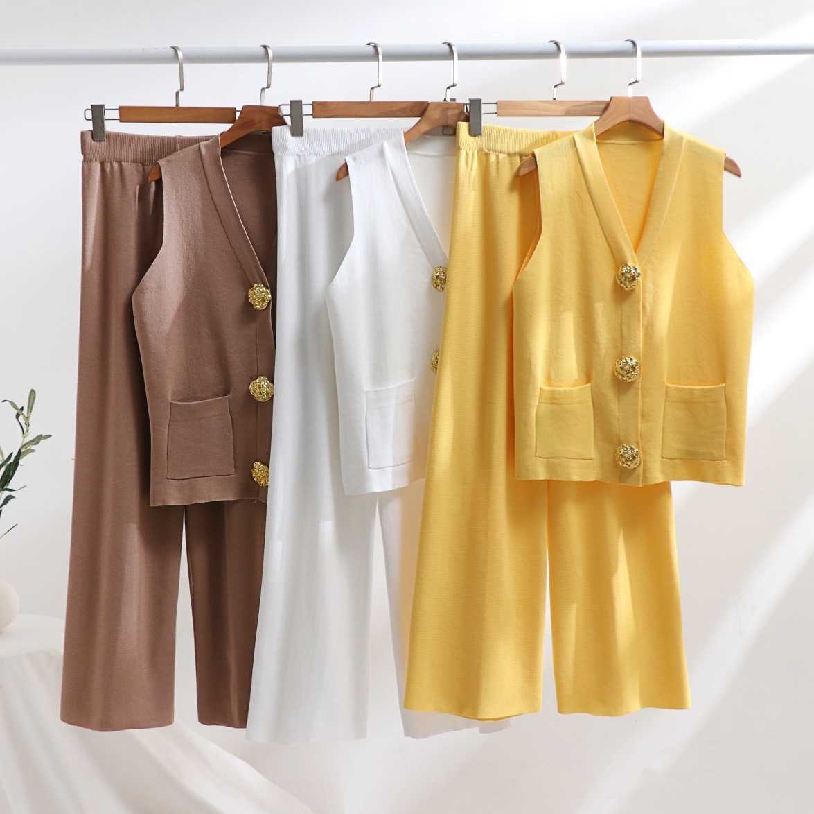 Womens Summer Gold Button V neck Vest Casual Loose Long Pants Knit Two piece Set