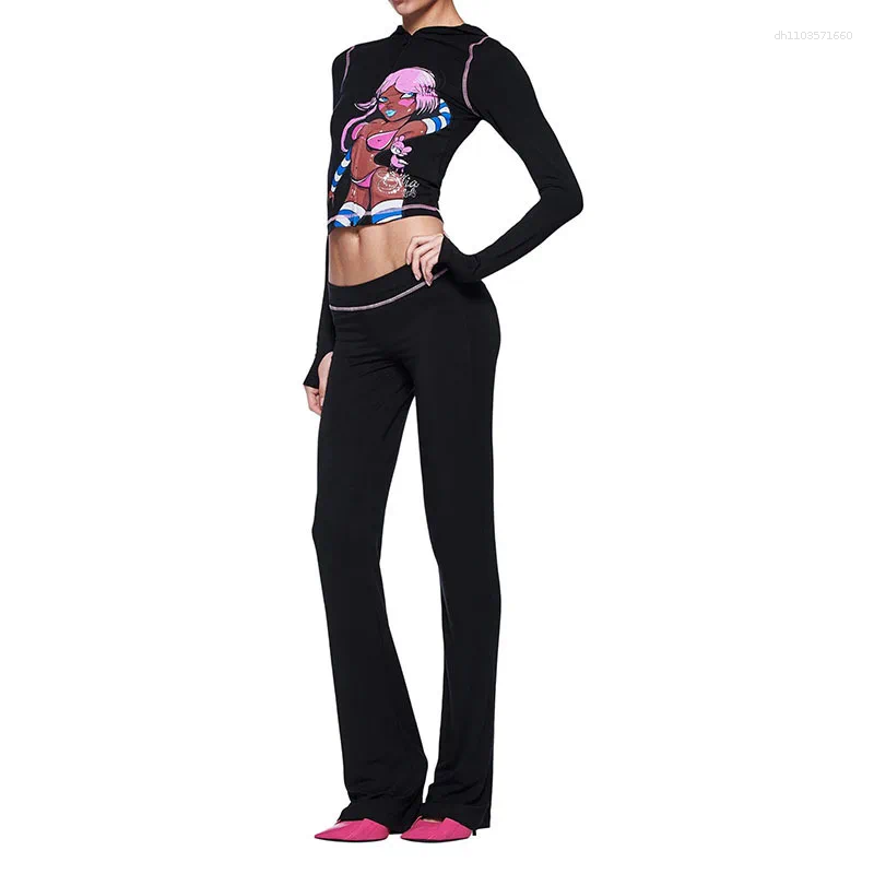 Women's Two Piece Pants Summer Fashion Two-piece Set Street Anime Printed Zipper Hooded Long Sleeved T-shirt Casual Clothing