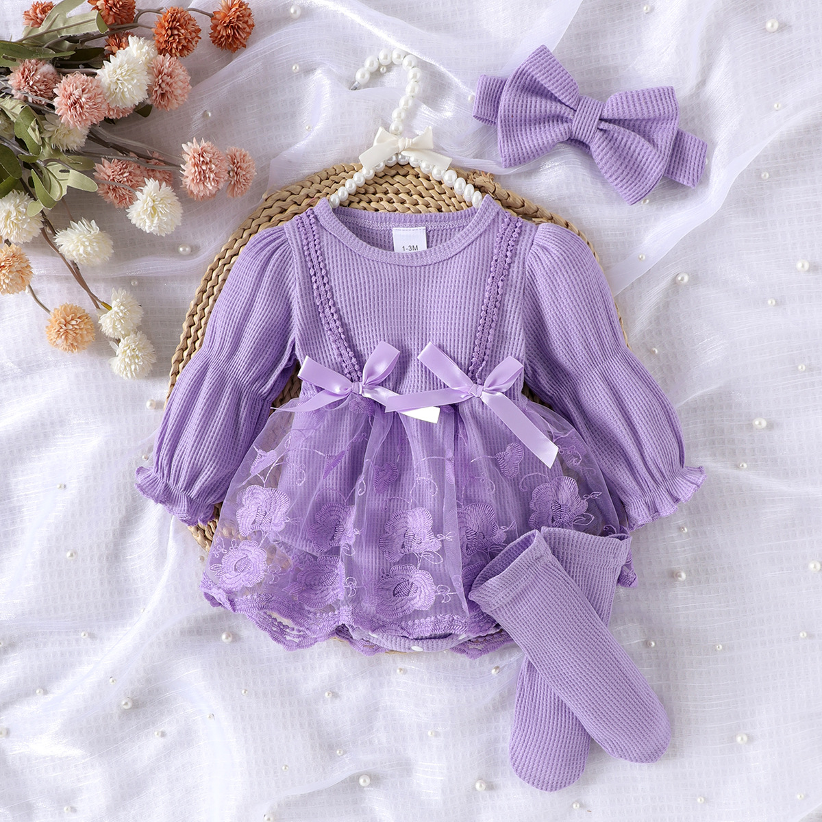 Baby Girl Clothes 3 Piece Set European American Spring Summer Autumn Long Sleeve Patchwork Mesh Long Sleeve Rompers + Socks + Hairband Girls Outf